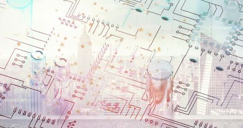 Futuristic urban technology integration city and microchip schema