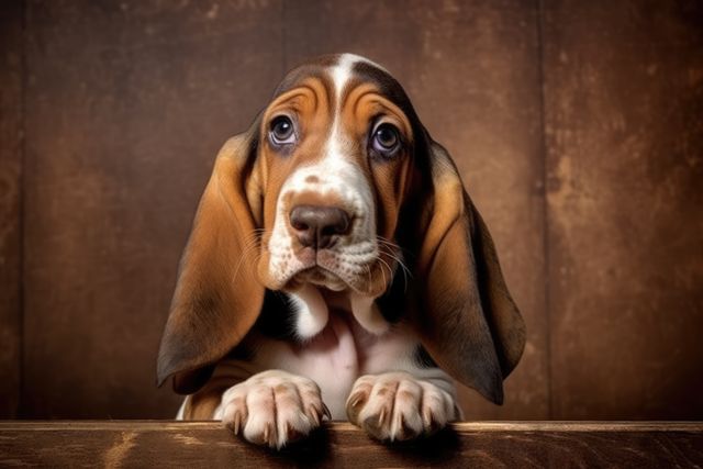 Image features an adorable Basset Hound puppy with expressive droopy ears. The puppy's fur is predominantly brown with hints of orange. Perfect for use in pet-related advertisements, blogs focused on dog care, or any project needing a charming, appealing puppy image. Can be utilized in print materials, websites, and social media posts.