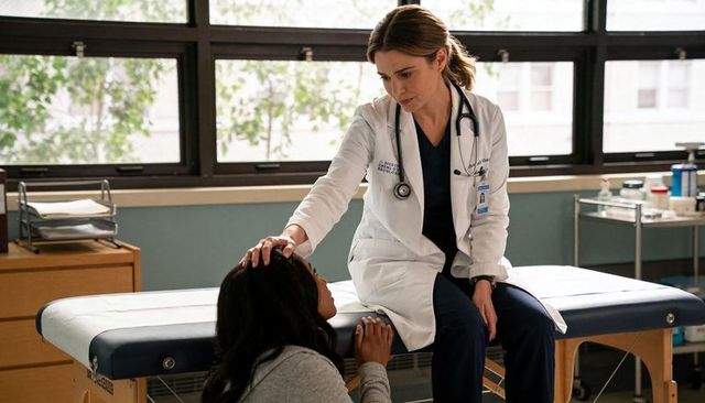 Soothing female physician comforting patient with gentle touch in sunlit clinic exam room