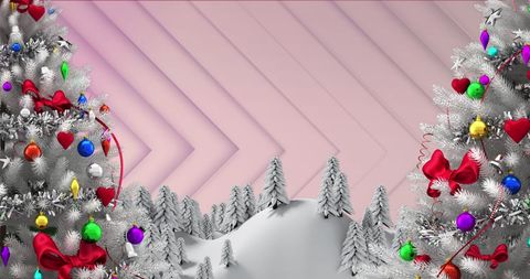 Festive Winter Wonderland with Christmas Trees and Pink Background