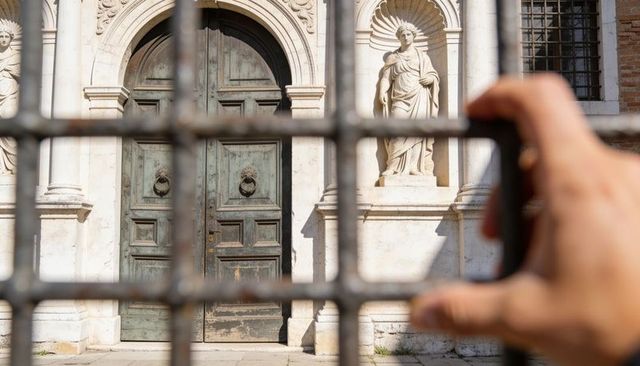 Smartphone framing historic arched door and classical statue through iron gate