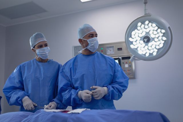 Surgeons perform surgery in a modern, sterile operation theater at a hospital. This can be used to depict healthcare professionals working in a high-stakes environment, medical procedures, or hospital settings for medical articles, educational materials, or health-related advertisements.
