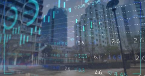 Digital graph overlay on urban cityscape with data processing