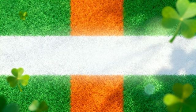 Displaying irish tricolor turf with shamrock bokeh and wide white cross band