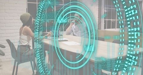 Ar collaboration projecting holographic circular data interface over office meeting table