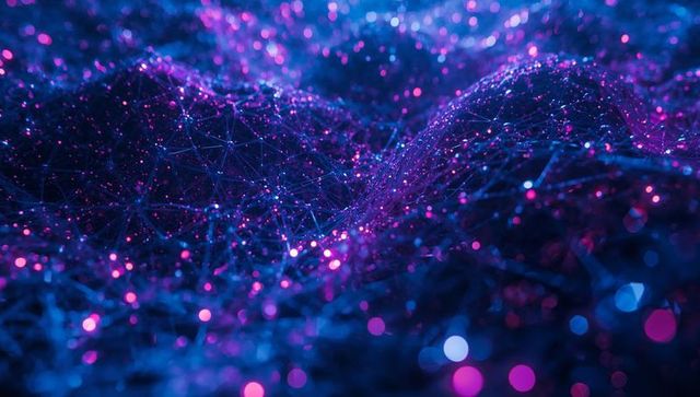 Futuristic mesh glowing nodes on digital wave mountain cyber network