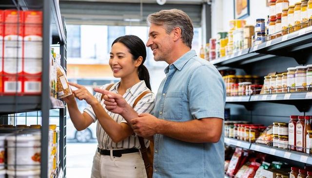 Smiling couple reading labels while shopping in bright grocery aisle, choosing pantry staples