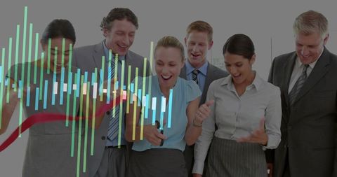 Business Team Celebrating Strong Market Trend with Interactive Data Visualization