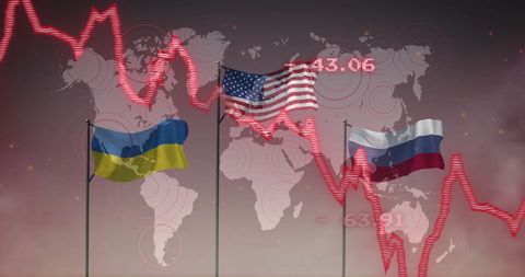 Stock market decline over ukraine, u.s., russia flags with world map