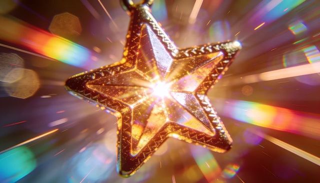 Glittering gold star ornament catching light and casting prism flare bokeh holiday sparkle