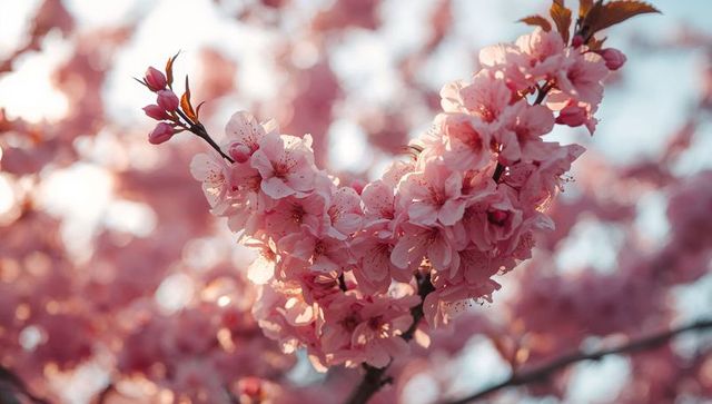 Sunlit pink cherry blossom cluster on branch with soft bokeh spring close-up