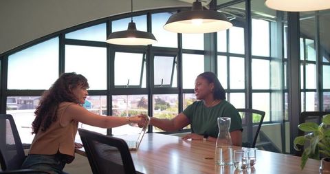 African American professionals shaking hands in modern conference room during meeting
