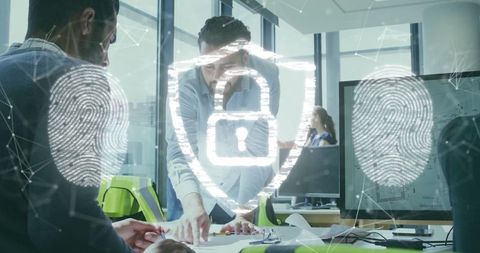 Collaboration and Cybersecurity in Modern Office with Digital Overlay