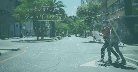 Two men navigating sunny city street with map and backpacks, chalk math sketch overlay