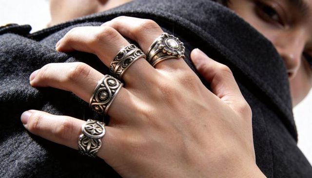 Hand pressing shoulder wearing ornate silver rings with engraved floral motifs