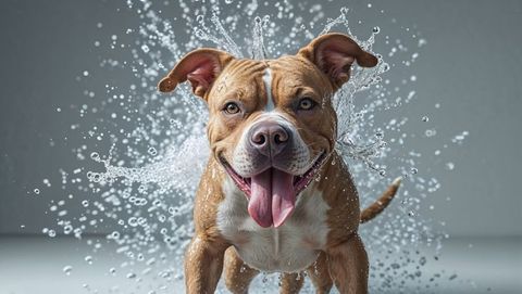 Playful pitbull dog shaking off water with vibrant energy