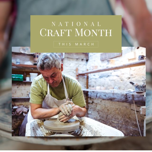 Composition of national craft month text over caucasian male potter in workshop. National craft month, craftsmanship and small business concept.