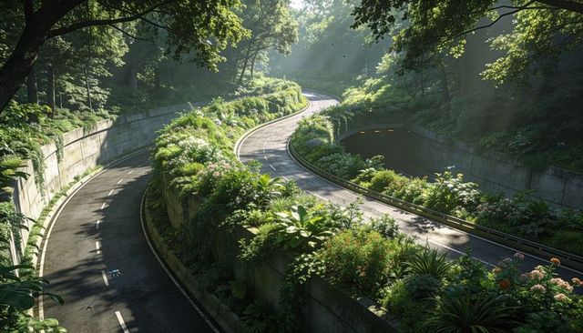 Sunlit serpentine forest road winding through lush planted median and mossy walls