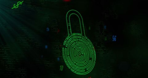 Digital security concept with abstract neon padlock on dark background