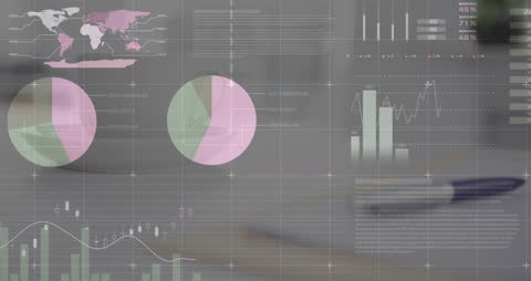 Dynamic Infographic Interface Over Business Workspace