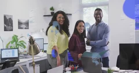 Diverse Team Standing in Office with Financial Data Animation