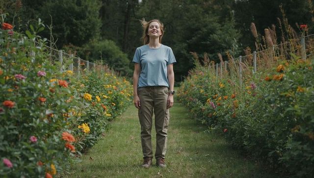 Woman standing between colorful flower beds on grassy garden path enjoying breeze
