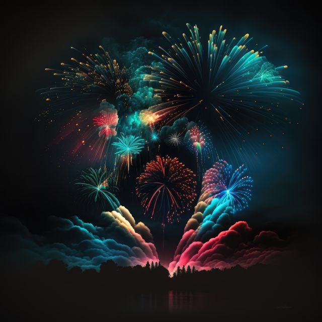 Multi coloured fireworks exploding over city landscape, created using generative ai technology. New year's eve and celebration concept digitally generated image.