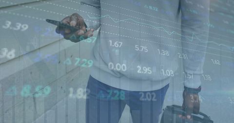 Financial technology concept with smartphone user overlaid with data