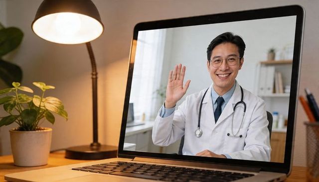Friendly doctor waving and smiling during telemedicine video call on laptop at home desk