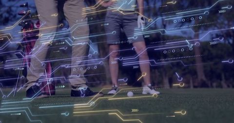 Golfers on Green with Futuristic Digital Overlay Highlighting Precision