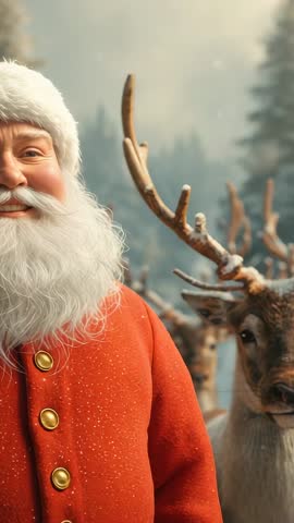 Vertical panning revealing Santa Claus posing with reindeer in snowy conifer forest