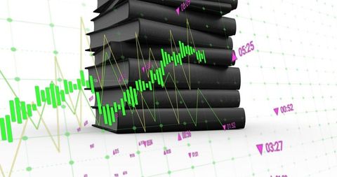 Stacked black books with translucent financial charts overlay for finance education