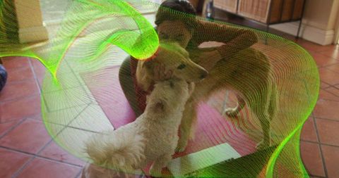 Woman Embracing Dog at Home with Bright Neon Artistic Swirl