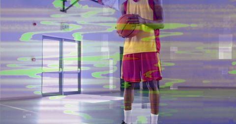 Basketball player with digital effects on court
