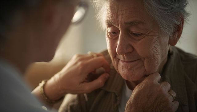 Caregiver adjusting collar for elderly woman showing tenderness and warmth closeup