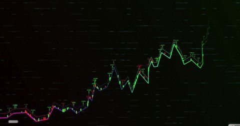 Neon market momentum: multicolor candlestick price line climbing on dark trading dashboard