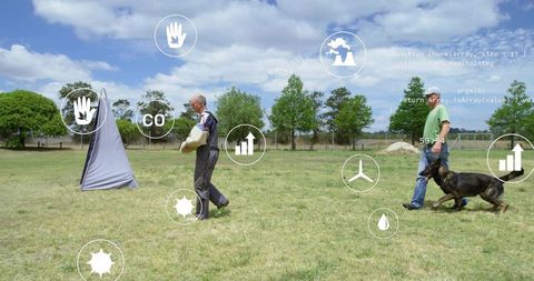 Professional German Shepherd Training with Climate Icons Overlay