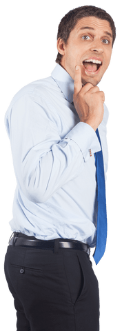 Businessman thinking while touching chin on transparent background