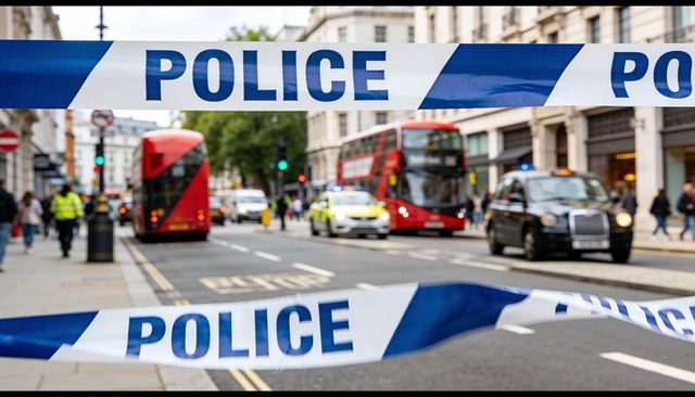 Police tape cordoning london street with red double-decker buses and emergency vehicles