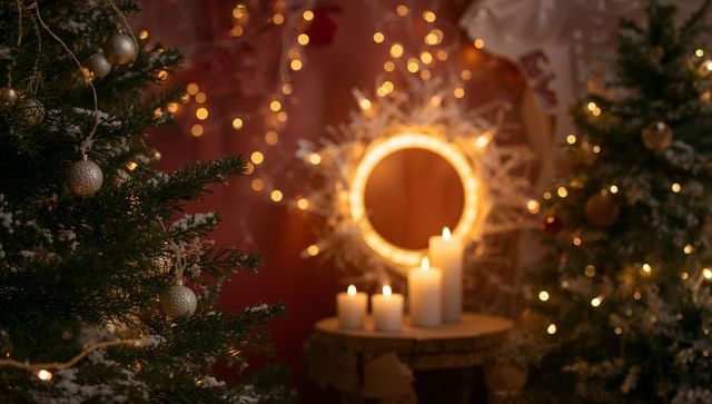 Glowing candlelight casting warm glow in cozy christmas nook with frosted evergreen trees