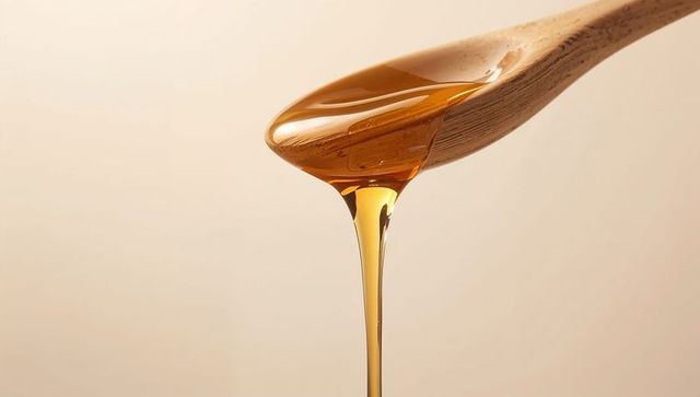 Golden Honey Pouring from Wooden Spoon Creating Glossy Stream and Drip on Beige Background