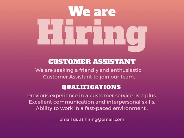 Brightly designed hiring announcement for recruiting a customer assistant. Highlights qualifications, necessary experience and skills. Suitable for job posts, career websites, and social media recruitment.