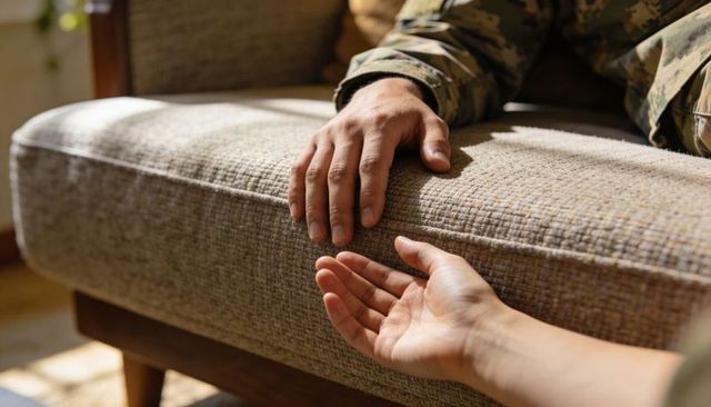 Soldier and partner reaching hands on sofa — intimate military homecoming connection