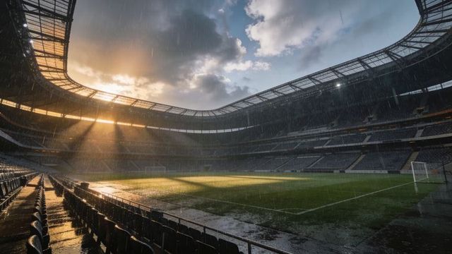 Sunset rain pouring over empty modern football stadium with wet pitch and reflections