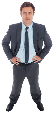 Serious Businessman Standing with Hands on Hips in Gray Suit Transparent