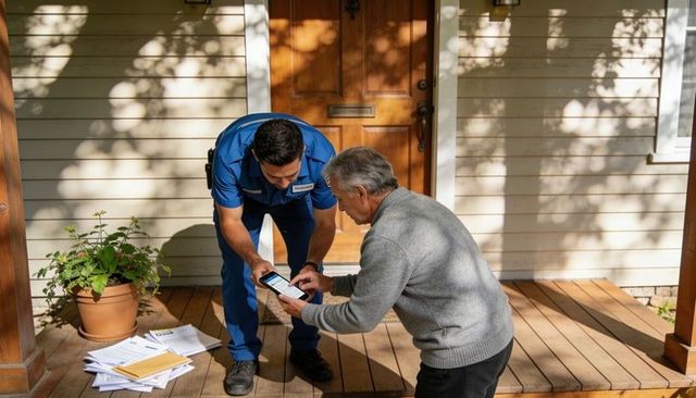 Delivery worker leaning on sunlit porch while senior man signing digital receipt on tablet