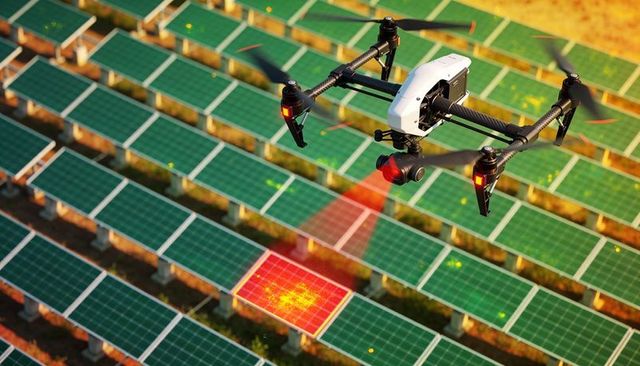 Drone scanning solar panels with thermal heatmap for inspection and monitoring