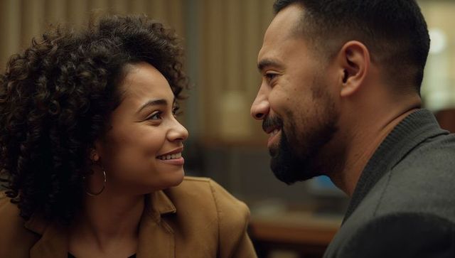 Smiling couple gazing close-up in cozy lounge sharing intimate connection during date night