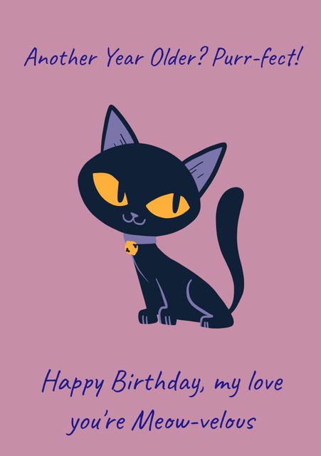 Happy Birthday Cat-Themed Card with Cute Black Cat Art - Download Free Stock Videos Pikwizard.com