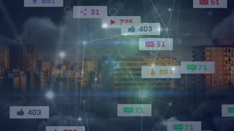 Animated Media Interface Icons Over Urban Cityscape